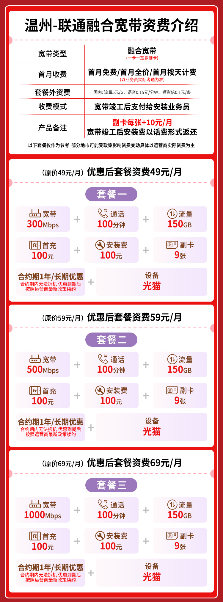 49-69元300M-1000M150G+100分钟融合宽带套餐详情图1