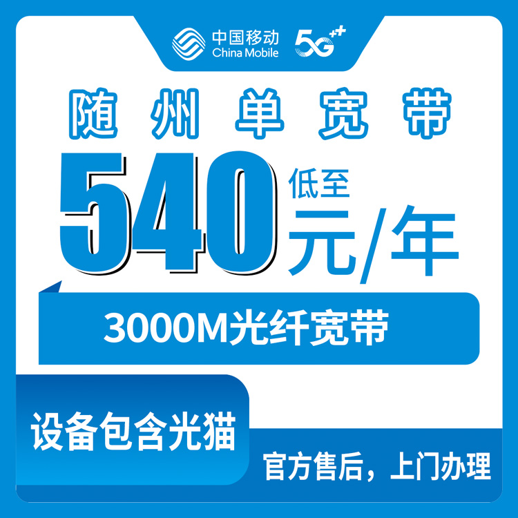 移动湖北随州宽带卡，540元月租包年300M单宽带套餐