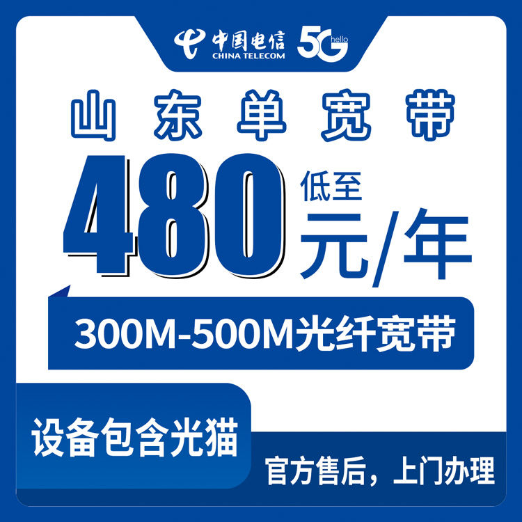 电信山东全省宽带卡，480-1440元月租包1-3年300-500M单宽带套餐